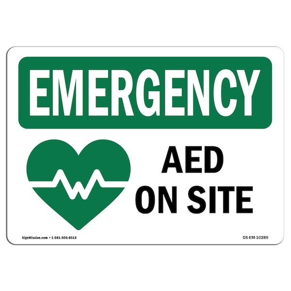 Safety Sign, OSHA EMERGENCY, 7" Height, Aluminum, AED On Site, Landscape